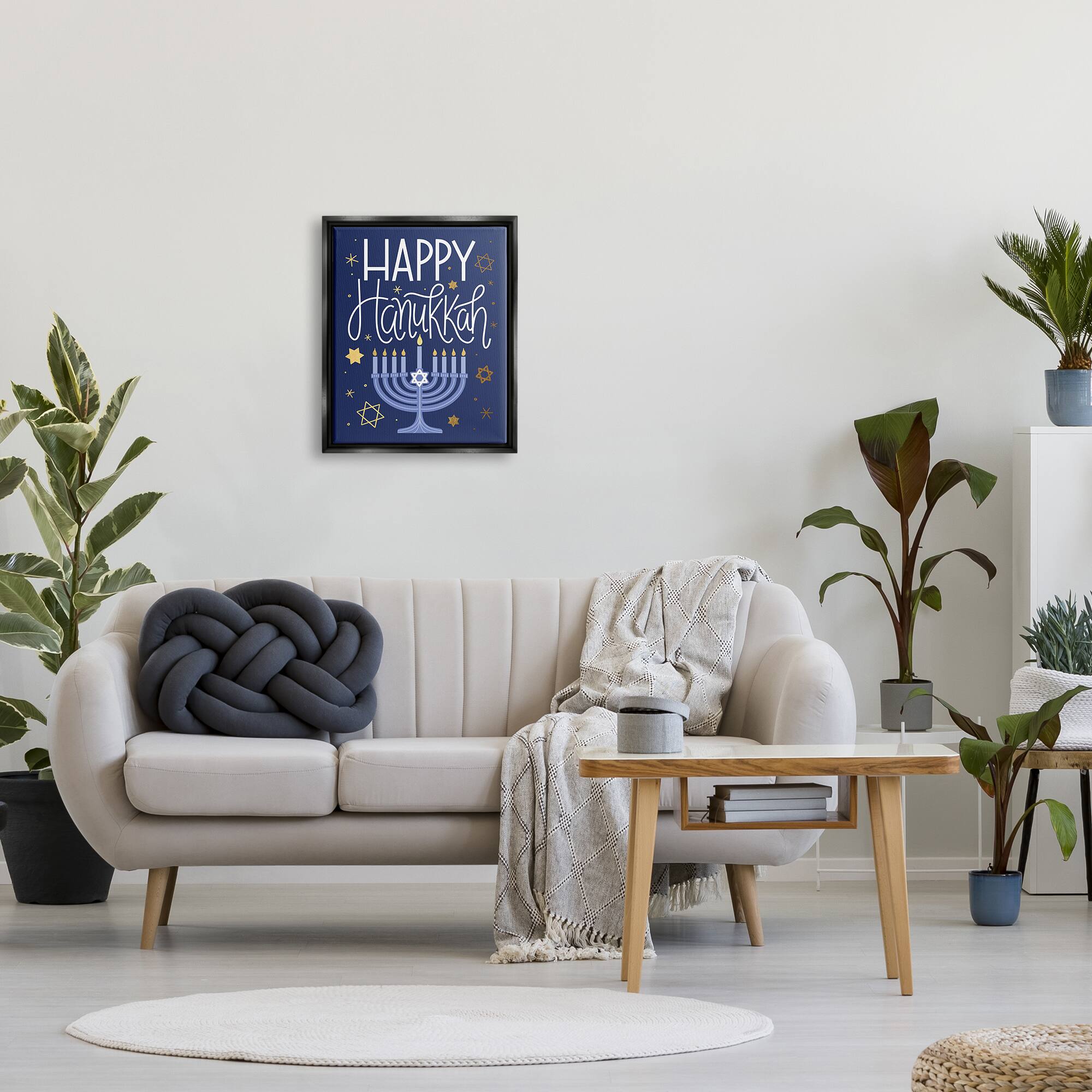 Stupell Industries Happy Hanukkah Blue Menorah Pattern Framed Floater Canvas Wall Art